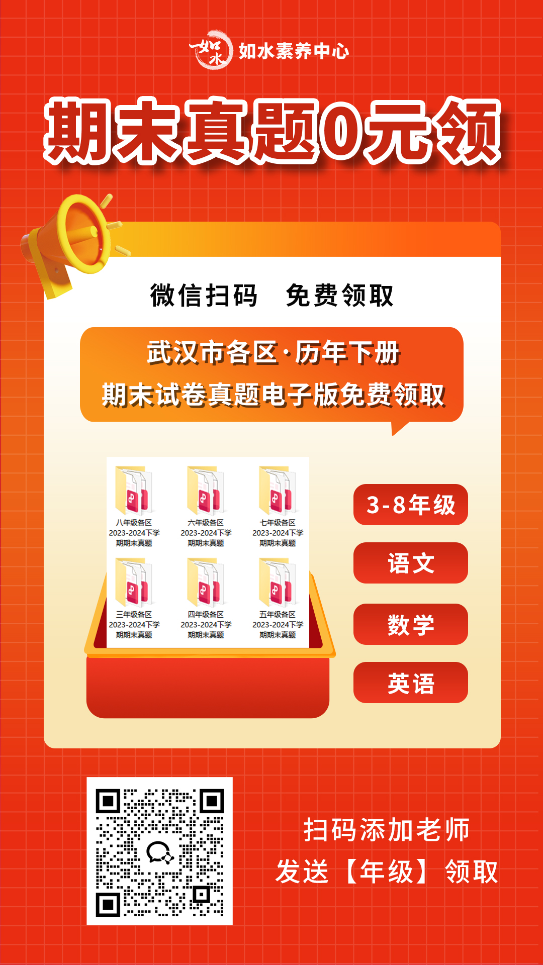 免费领取武汉市各区3-8年级下学期期末真题（语数外三科）